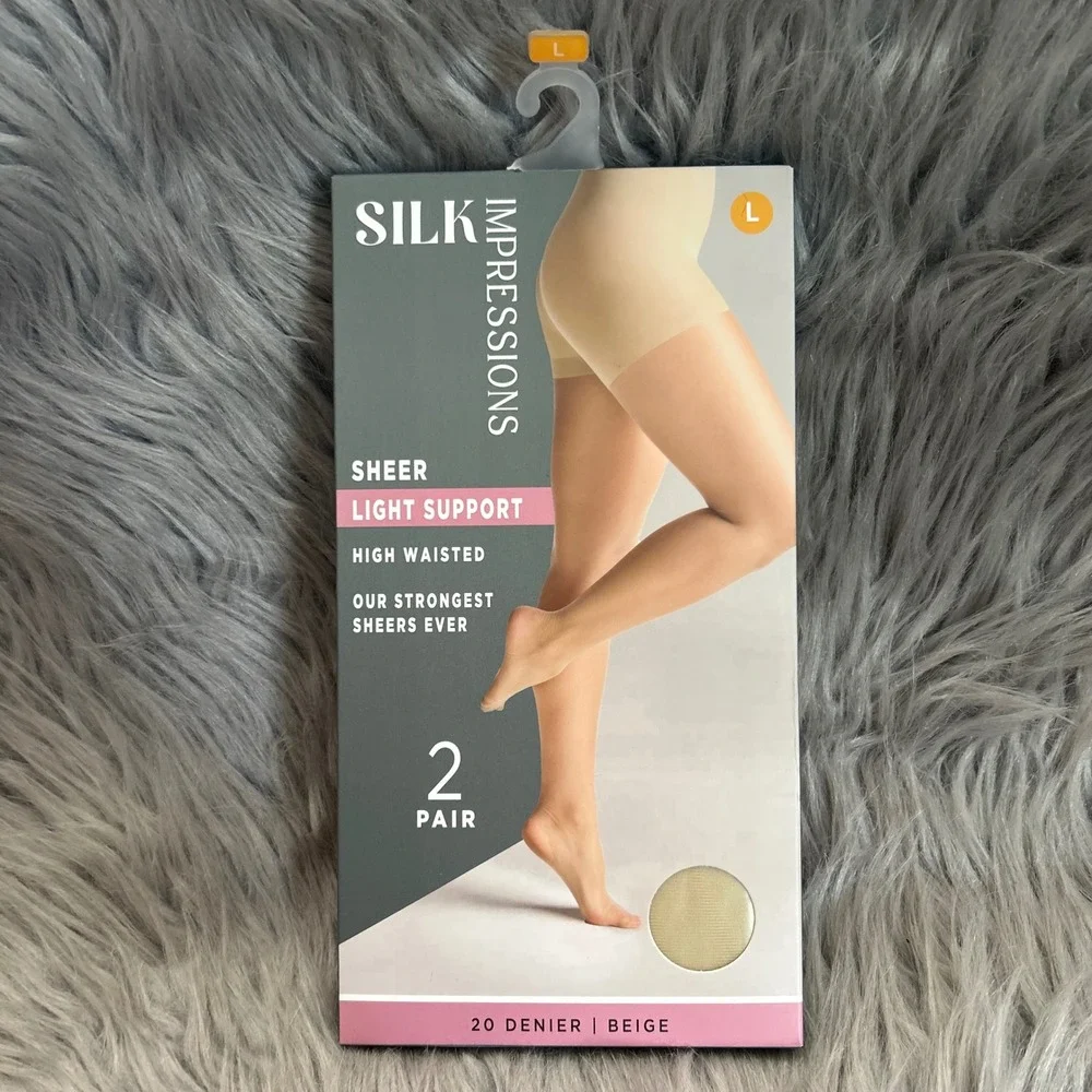 Silk Impressions Sheer Light Support‎ Tights Women Size Large Beige High Waisted